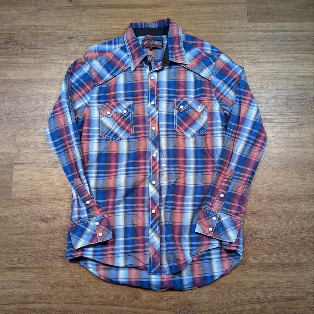 Rock & Roll Cowboy Pearl Snap Western Shirt Men's Size Medium Plaid Long Sleeve